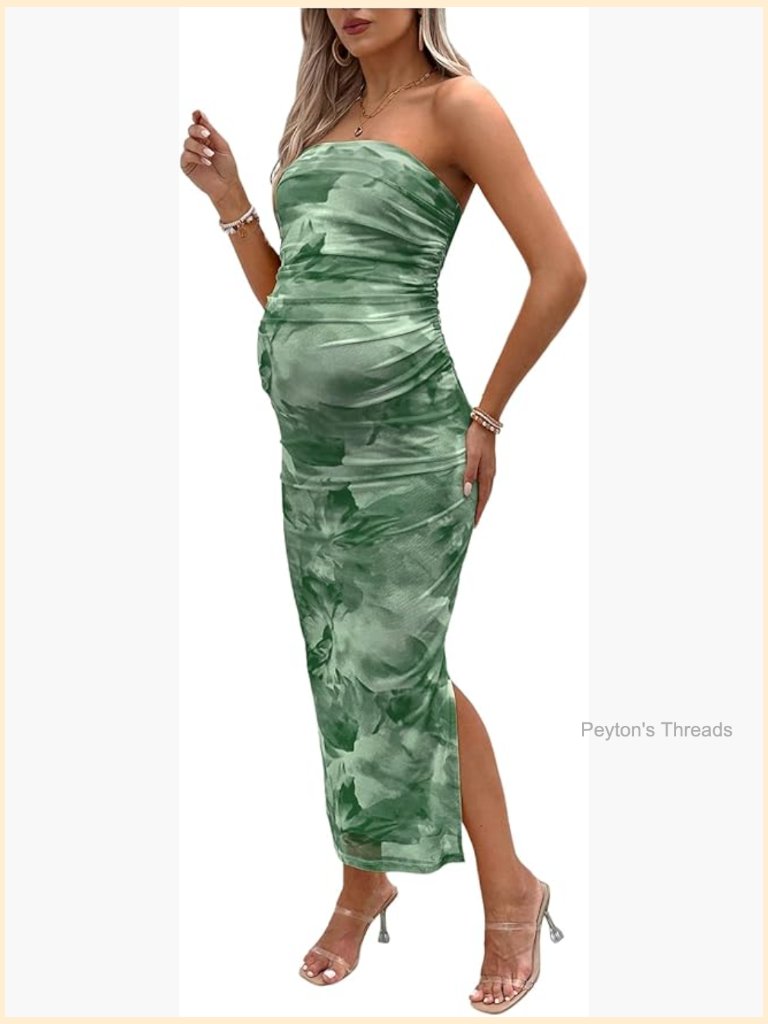 Floral Mesh Split Strapless Tube Dress Bodycon Maxi Baby Shower Wedding Guest